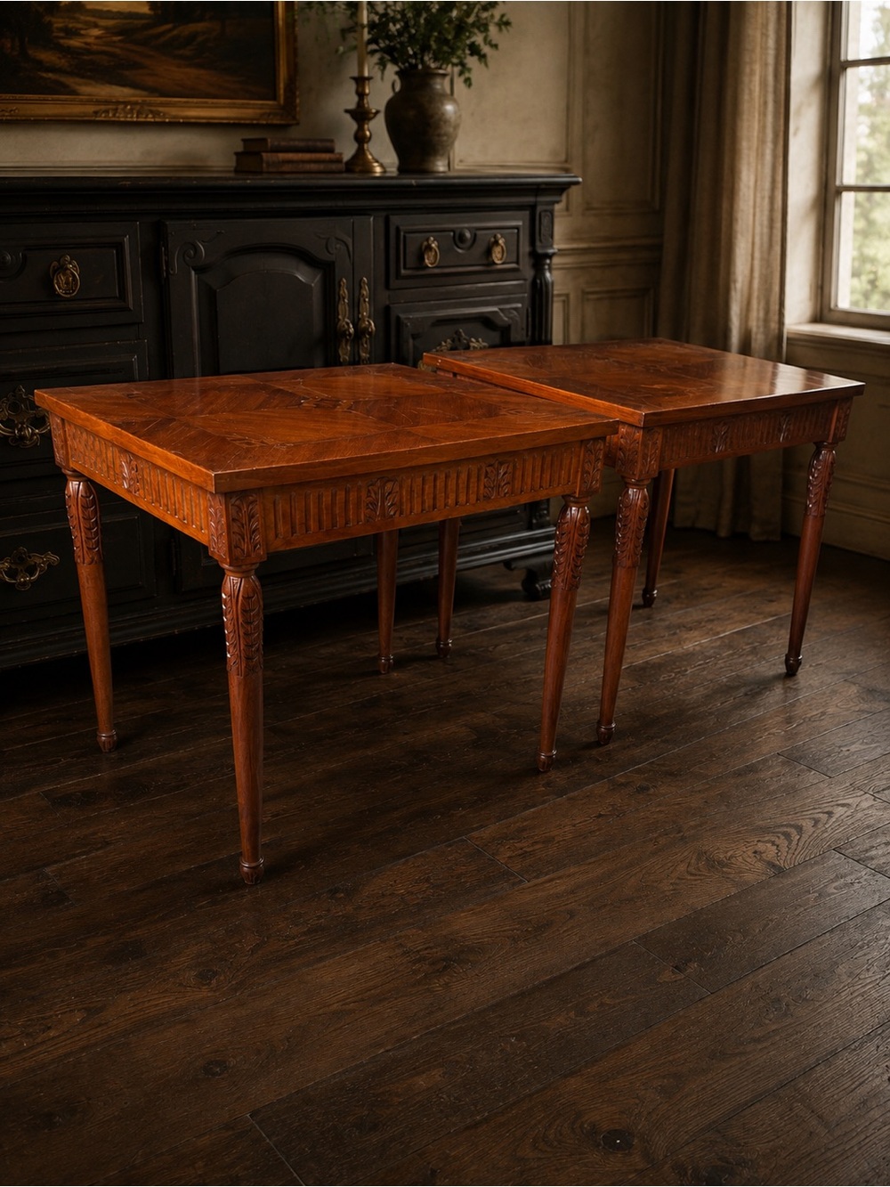 VNTG Exquisite Hand-Carved Inlaid Wood Side Tables - Pair